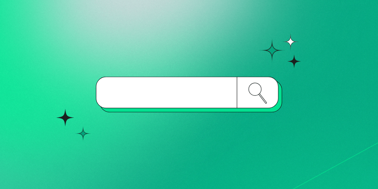 Stylized illustration of a search bar with a magnifying glass icon on a green gradient background. The search bar casts a soft shadow, and decorative sparkle icons are scattered around, giving it a modern, sleek, and slightly magical appearance.
