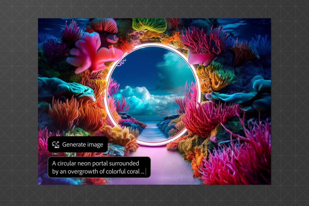 A vibrant digital illustration of a circular neon portal surrounded by multicoloured coral and sea plants, looking out toward a cloudy sky over the ocean.