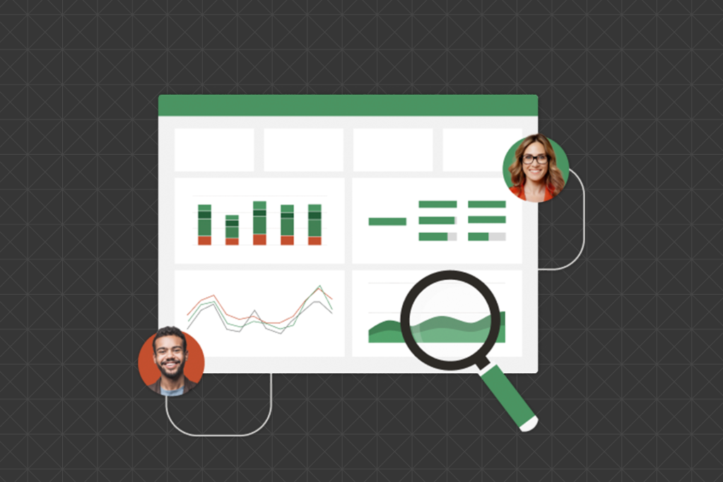 An illustrated analytics dashboard with bar charts, line graphs, and data cards. Magnifying glass and two user avatars (a man and a woman) imply collaborative analysis and review.
