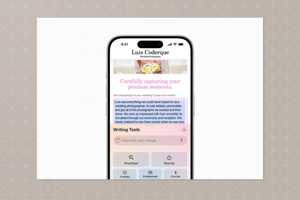 A smartphone screen showing a review being written on a wedding photography website. Writing tools like “Proofread,” “Rewrite,” and tone options such as “Friendly” and “Professional” appear at the bottom.