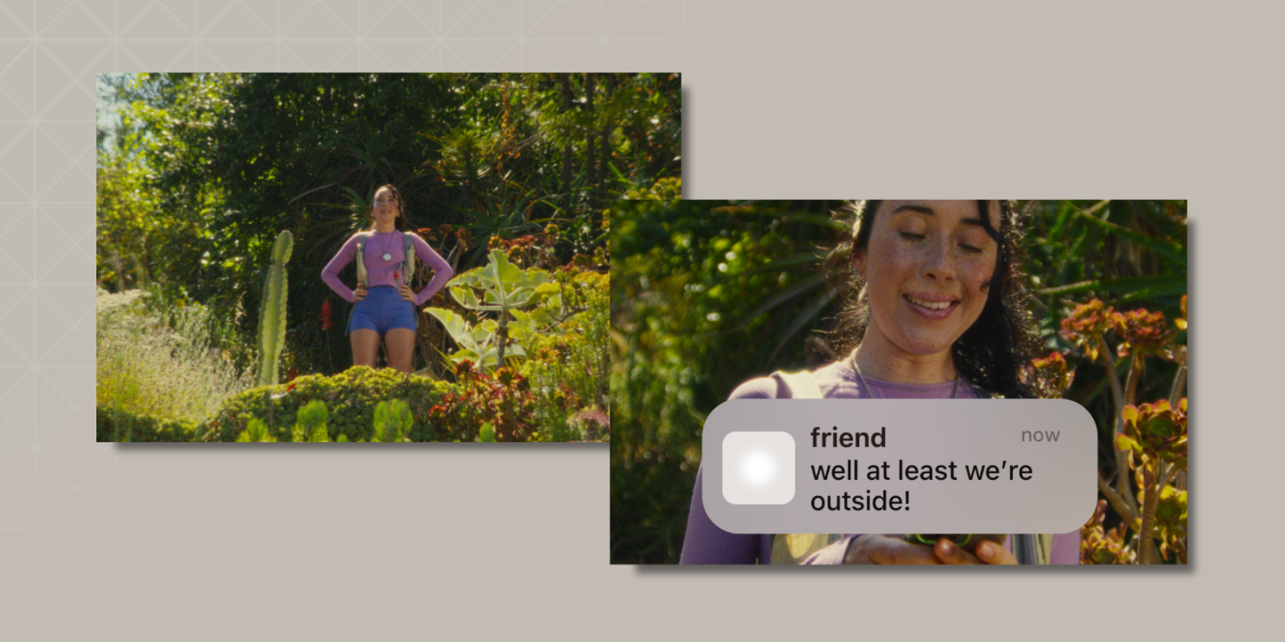 Two images of a woman standing and smiling in a lush garden. In the second image, she looks at her phone, where a message from a friend reads: “well at least we’re outside!”