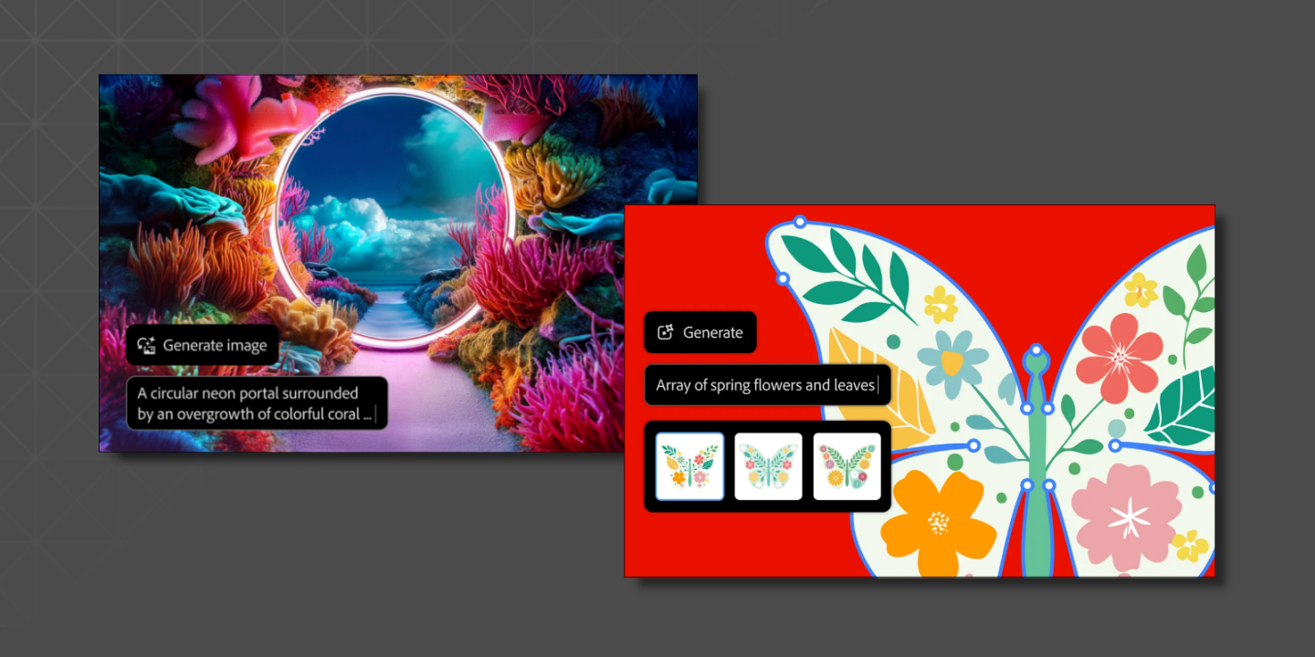 Two AI-generated images side by side. On the left, a circular neon portal surrounded by vibrant coral underwater. On the right, a colorful butterfly illustration filled with flowers and leaves against a red background. Prompts and "Generate" buttons are visible for both.