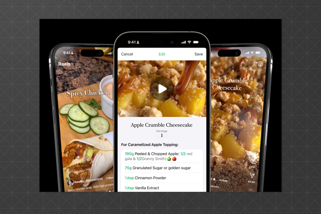 Pestle mobile interface displaying food-related videos and recipe content. Three phones showcase video previews and an Apple Crumble Cheesecake recipe, highlighting an interactive, visual cooking experience.