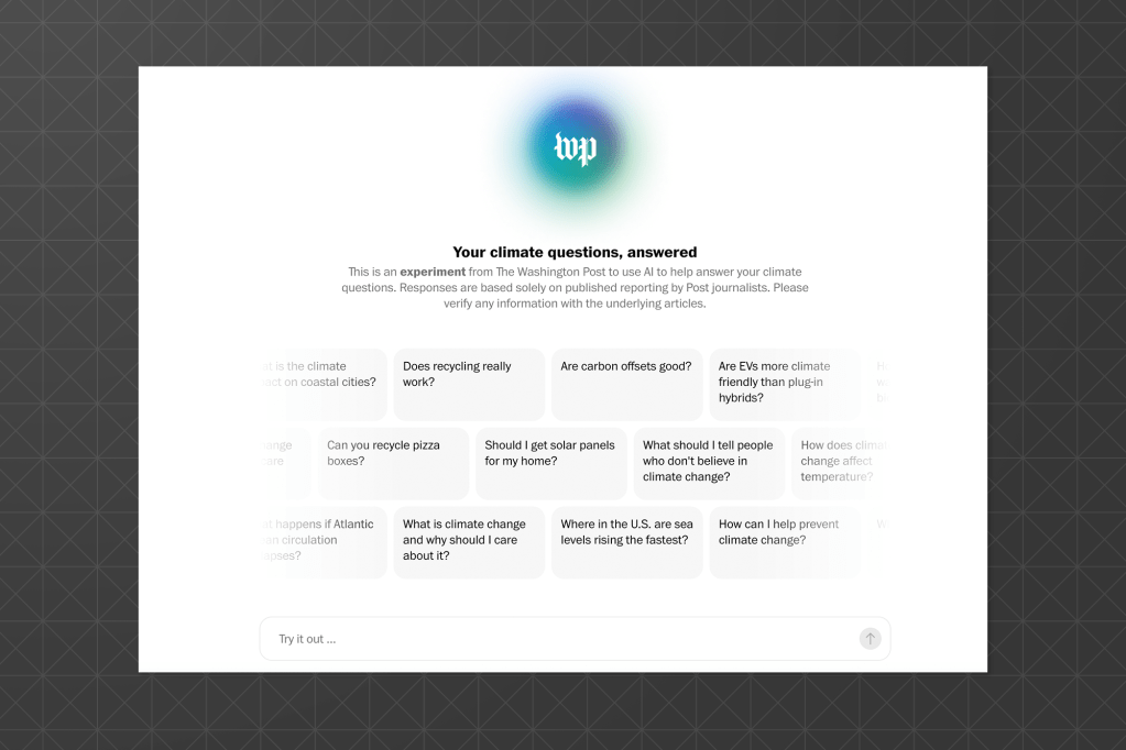 Interactive AI-powered Q&A interface from The Washington Post addressing climate change. Users can select from various climate-related questions like "Does recycling really work?" and "What is climate change and why should I care about it?"