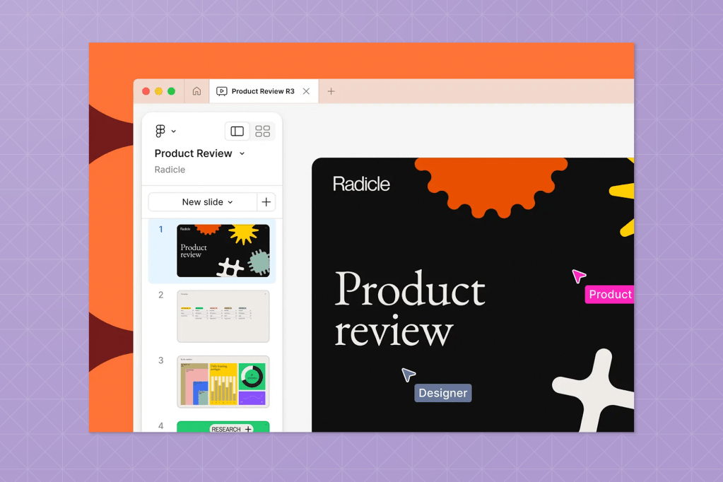 Design tool interface with a slide deck for 'Product Review' by Radicle. The main slide preview features colourful abstract shapes and a black background, with a cursor labeled 'Designer' and slide thumbnails visible on the left panel.
