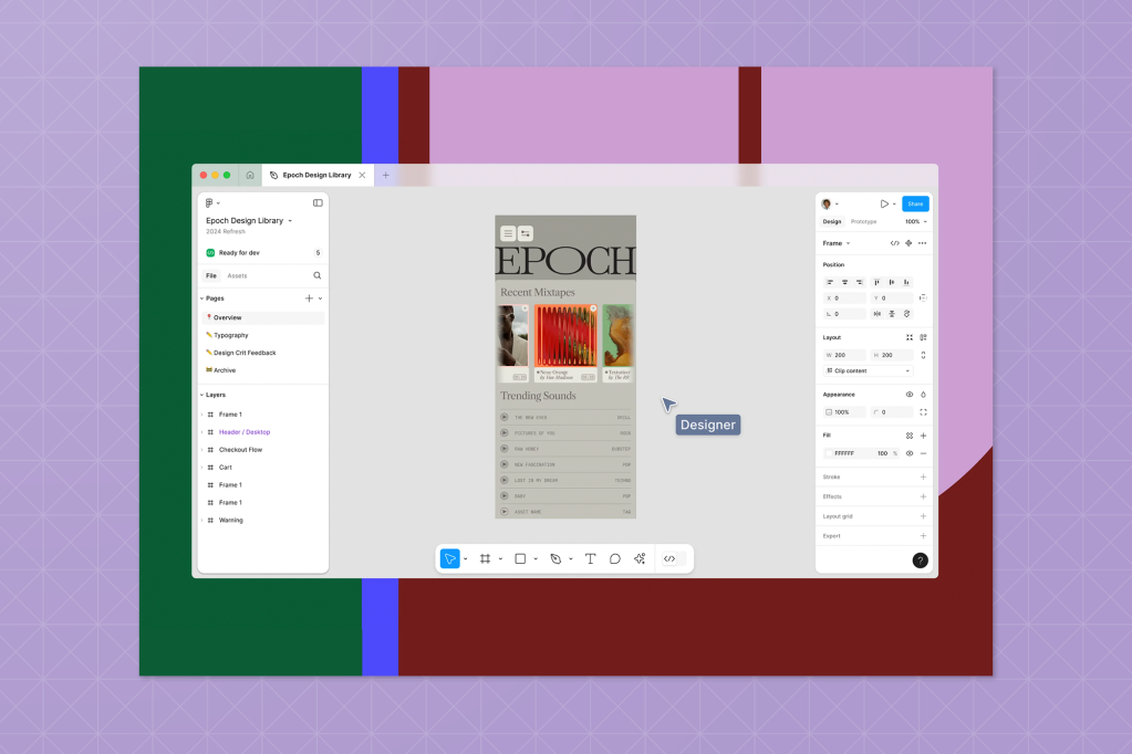 Screenshot of a web design project inside a design tool titled 'Epoch Design Library,' with a vertical mobile layout preview in the centre, side panels for layers and properties, and a blue 'Designer' tag beside the cursor.