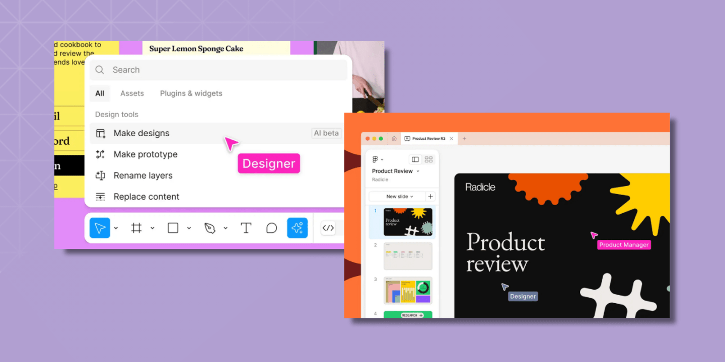 "Overlapping screenshots of collaborative design tools. One screen shows a design interface with a dropdown menu including options like 'Make designs' and 'Replace content,' while the other displays a presentation slide titled 'Product review' in a tool named Radicle.