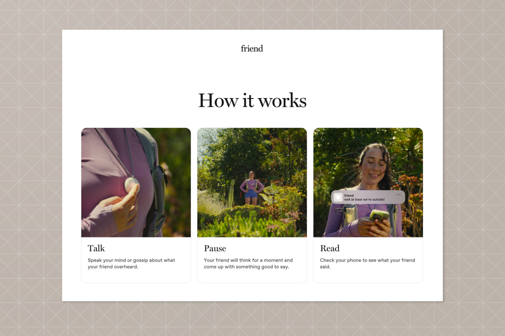 A three-step visual titled “How it works” for a device called “friend.” Steps include: “Talk” (pressing the wearable), “Pause” (person waiting), and “Read” (reading a generated message on phone).
