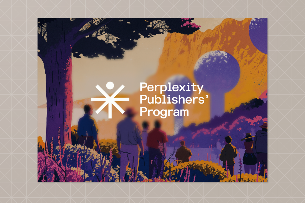 A stylized illustration of people standing in a scenic field with large futuristic domes in the background. The title “Perplexity Publishers’ Program” is displayed prominently with a white abstract logo.