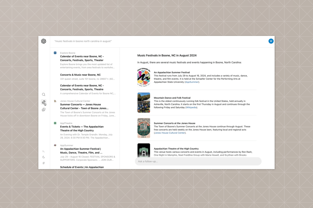 A screen displaying search results for “music festivals in Boone, North Carolina in August” using an AI assistant. The right side shows summarized answers, and the left displays links from different websites.
