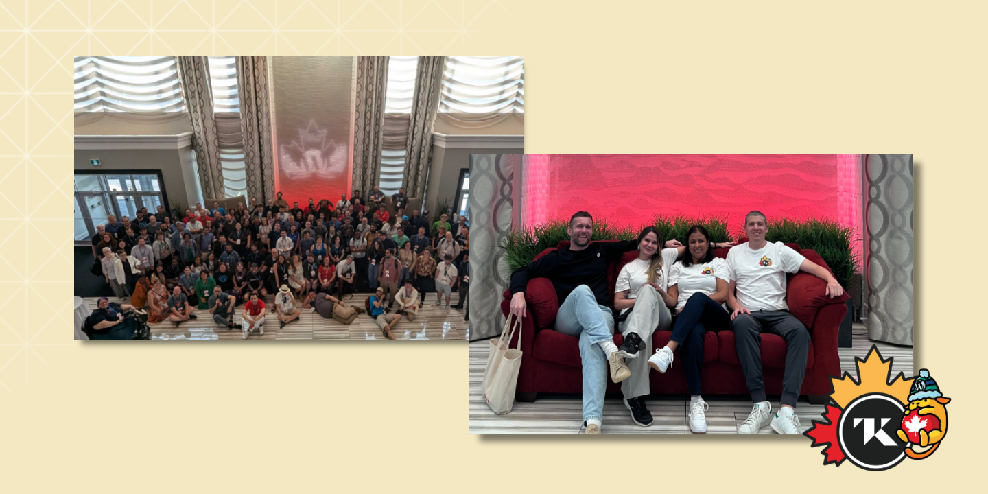 Two photos on a beige background with subtle geometric patterns. The left photo shows a large group of people gathered in a spacious lobby with a glowing maple leaf projected on the wall behind them. The right photo features four team members sitting on a red couch, smiling, with a red backdrop and greenery behind them. The bottom-right corner includes a custom Trew Knowledge logo with Canadian and maple-themed icons.