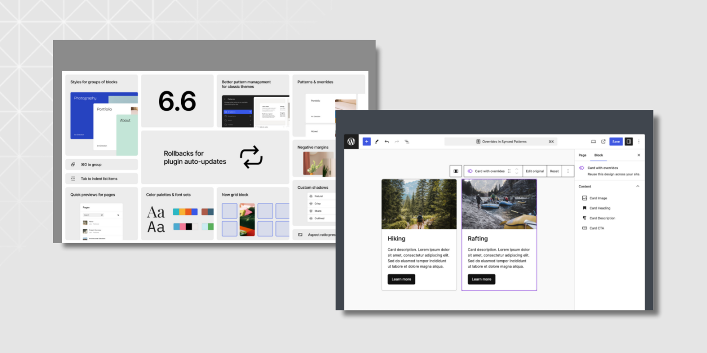 Side-by-side screenshots showcasing WordPress 6.6 features. The left image shows a visual grid summarizing key updates like plugin auto-update rollbacks, custom shadows, synced pattern overrides, and new grid blocks. The right image displays the editor interface with a side panel and two card blocks labeled “Hiking” and “Rafting.”