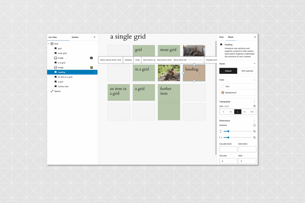 WordPress block editor interface displaying a customizable grid layout. The left panel shows a list view of grid elements, while the right panel includes block settings like typography, padding, and background colour. The main content area shows a grid titled “a single grid” with various blocks labeled with headings and images.