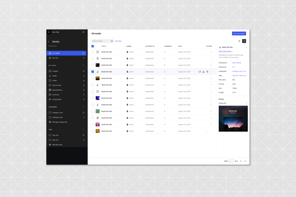 Screenshot of the redesigned WordPress media library interface. The layout includes a left sidebar for filtering file types and categories, a central area listing media files, and a right panel showing detailed metadata and preview of the selected media item.
