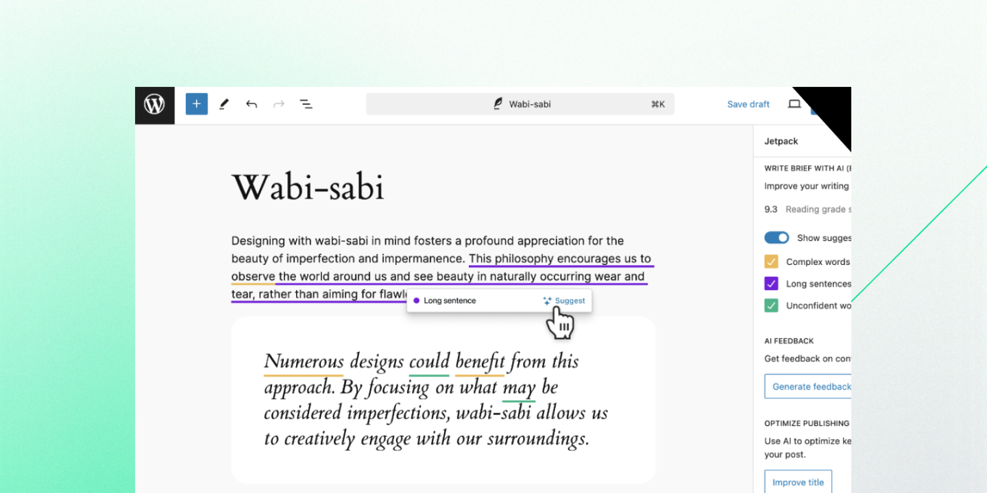 Screenshot of a WordPress editor with a post titled “Wabi-sabi.” An AI writing assistant highlights a long sentence and suggests edits in the right sidebar, which includes options to improve title, generate feedback, and adjust for complex or uncertain language.