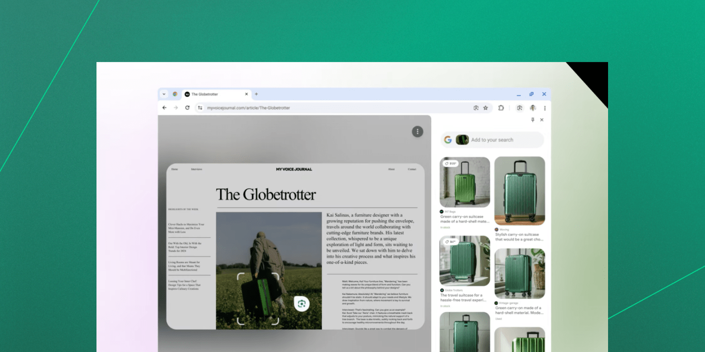 Screenshot of a Chrome browser window displaying a visual search result. The left side features an article titled “The Globetrotter” with an image of a person holding green luggage, and the right shows a panel with visually similar luggage products.