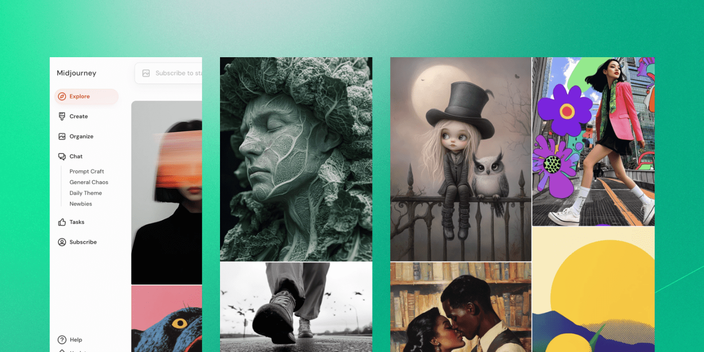 A screenshot of the Midjourney Explore page showing a grid of AI-generated images. The left sidebar includes navigation options like Explore, Create, Organize, and Chat. The displayed images range from surreal art and fantasy portraits to bold fashion illustrations and conceptual photography.
