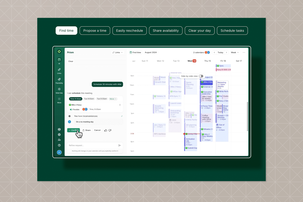 A screenshot of Clockwise’s Prism scheduling interface, showing a calendar with color-coded events and smart meeting suggestions. At the top, buttons allow users to find time, propose times, or reschedule. A confirmation button is highlighted, with a pointer icon hovering over it.