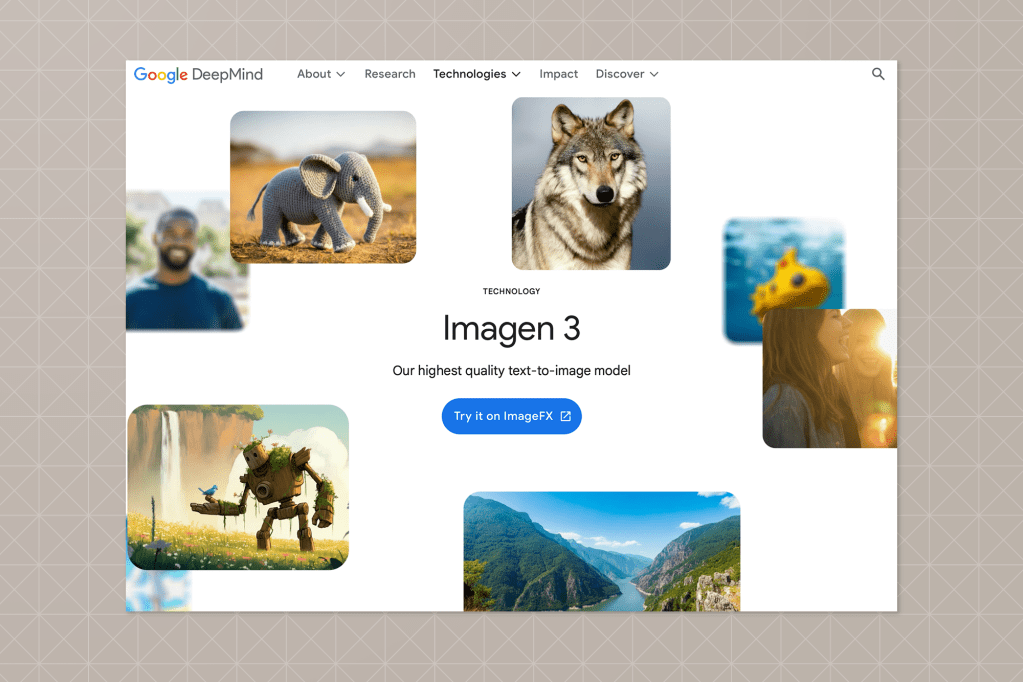 The Google DeepMind web page introducing Imagen 3, a high-quality text-to-image model. The layout displays the model's name centered, with example outputs like a crocheted elephant, a realistic wolf, and a lush fantasy landscape arranged around the title.
