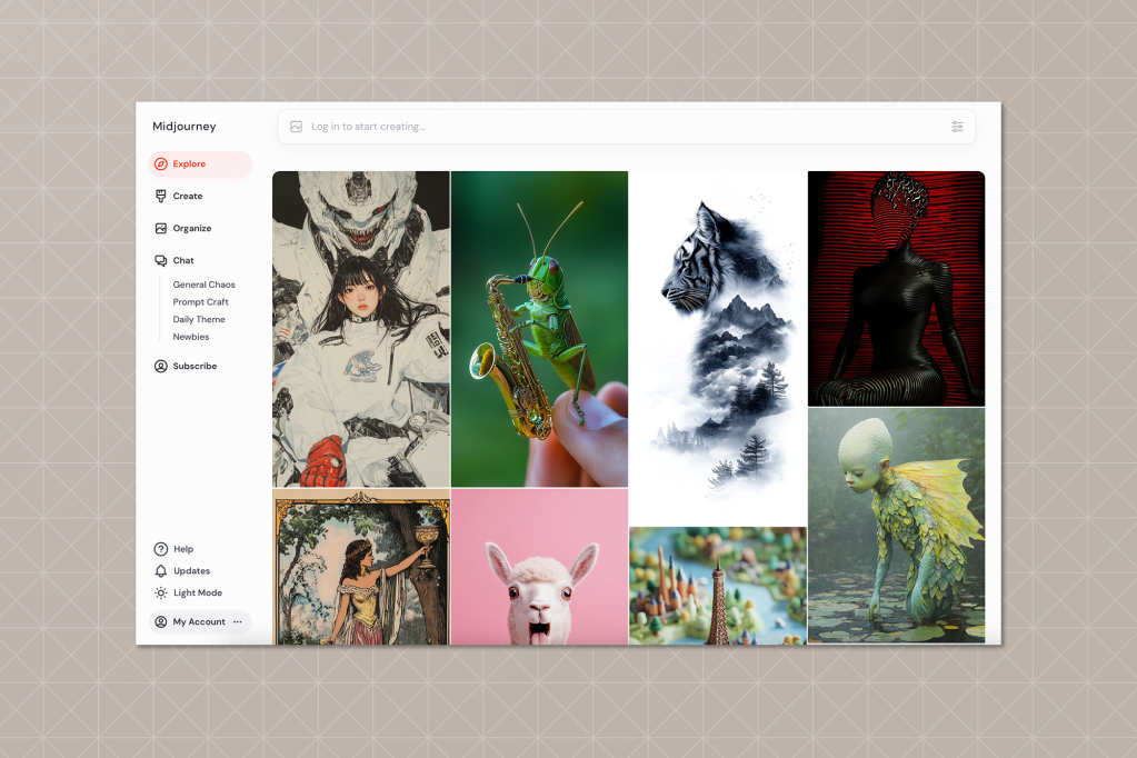 A full-screen view of Midjourney’s interface with a variety of AI-generated artwork, including a robotic creature behind a girl, a grasshopper playing a saxophone, a misty tiger landscape, and stylized characters. The sidebar features options such as General Chaos, Prompt Craft, and Daily Theme.