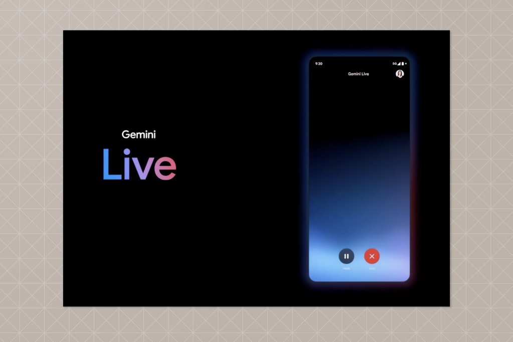 Dark-themed promotional graphic for Gemini Live, showing a smartphone screen with a call interface. The word “Live” is stylized in a gradient of blue to pink on the left side.