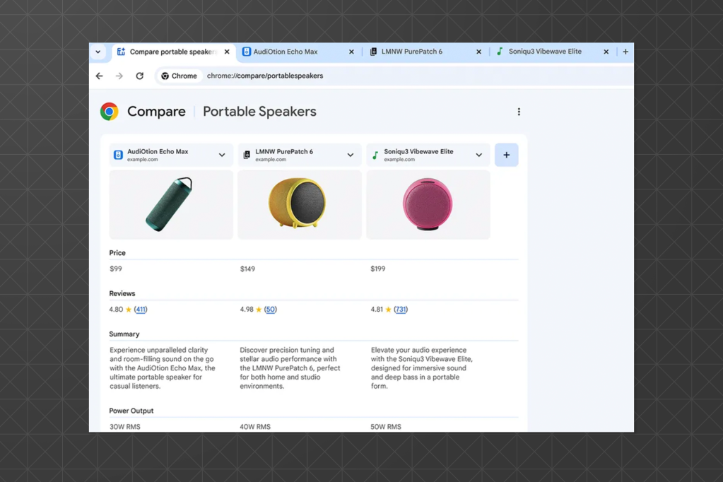 A Chrome browser window comparing three portable speakers side-by-side. Each speaker shows an image, price, review rating, and product summary. Brands listed include AudiOtion Echo Max, LMNW PurePatch 6, and Soniqu3 Vibewave Elite.