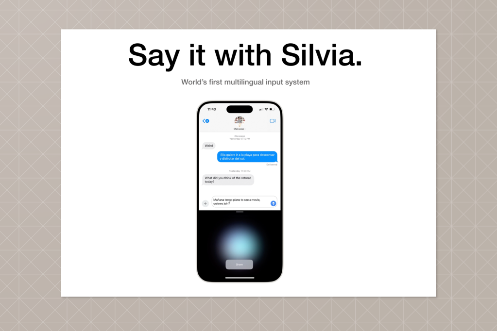 Promotional image for Silvia, described as the world’s first multilingual input system. A smartphone screen displays a conversation in multiple languages, including Spanish and English, emphasizing real-time multilingual text entry.