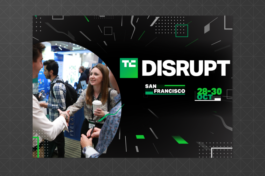 Promotional image for TechCrunch Disrupt in San Francisco, taking place October 28–30. The image features people networking at a tech conference alongside the bold event branding on a black background with green and white accents.