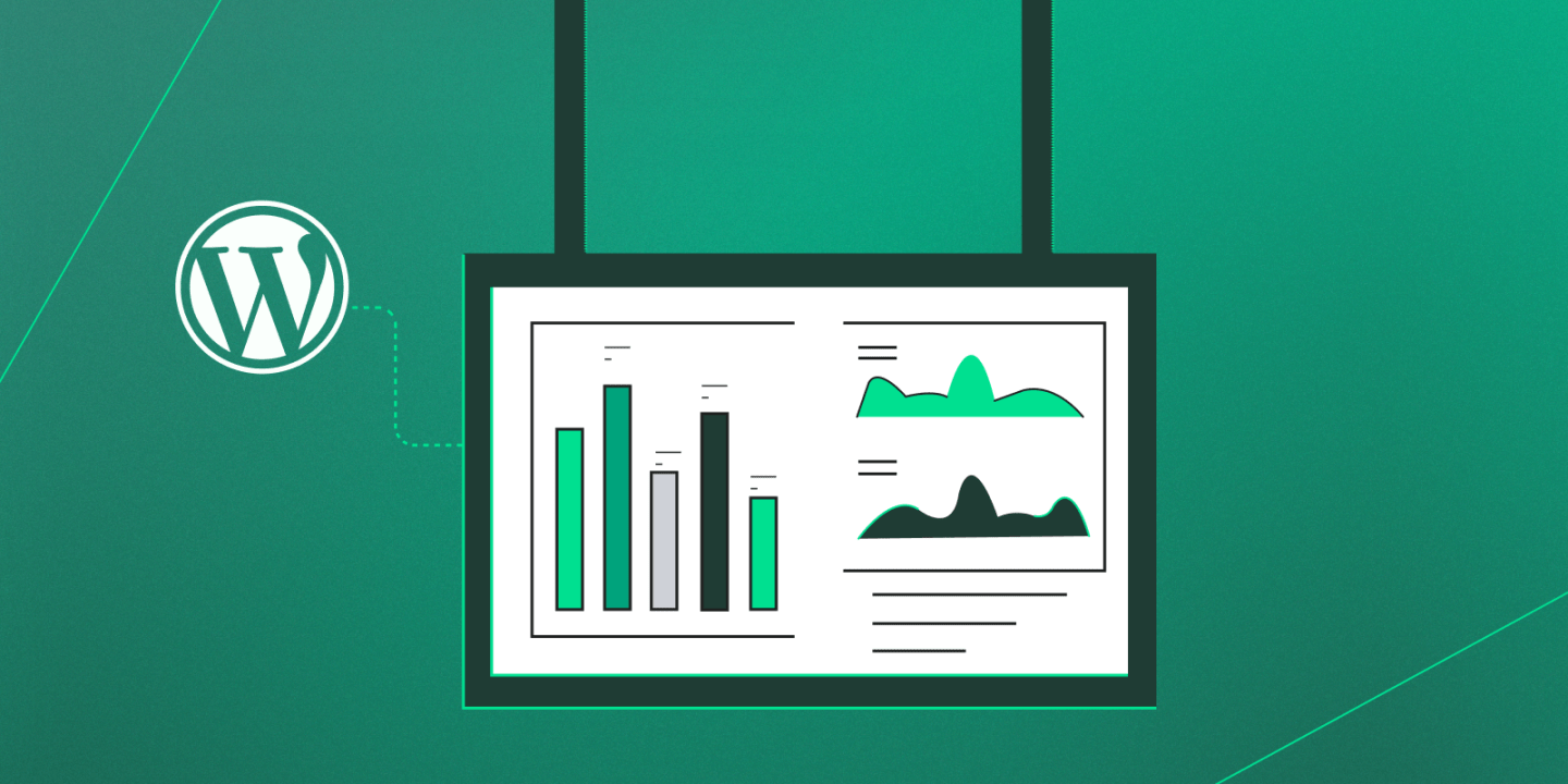 Illustration of a WordPress logo connected to a hanging dashboard display showing bar and line charts, representing data analytics integration in WordPress.