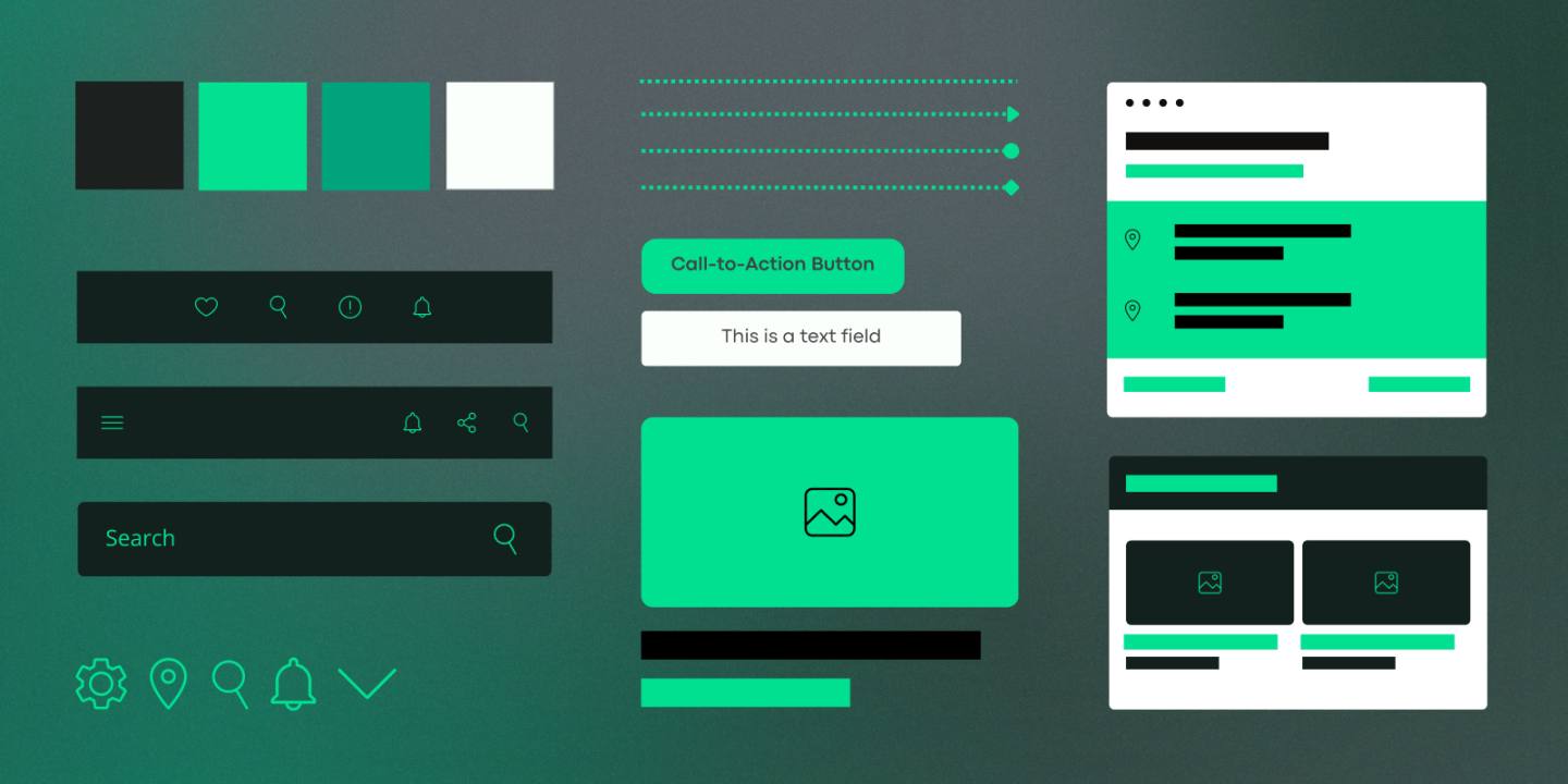 Illustration of a UI design system with various interface components on a dark green background. The design elements include a colour palette, buttons, icon set, search bar, navigation bars, a call-to-action button, text field, and layout wireframes for desktop interfaces, showcasing consistency in visual style and structure.