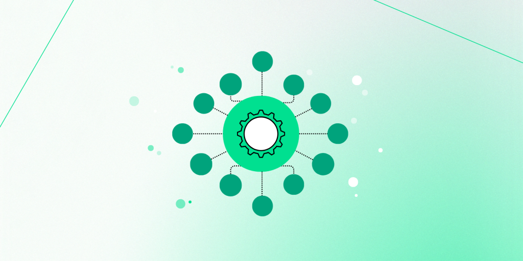 Illustration of a green gear icon at the centre, connected by dotted lines to multiple surrounding green circles, representing a hub-and-spoke network or system integration on a light green gradient background.