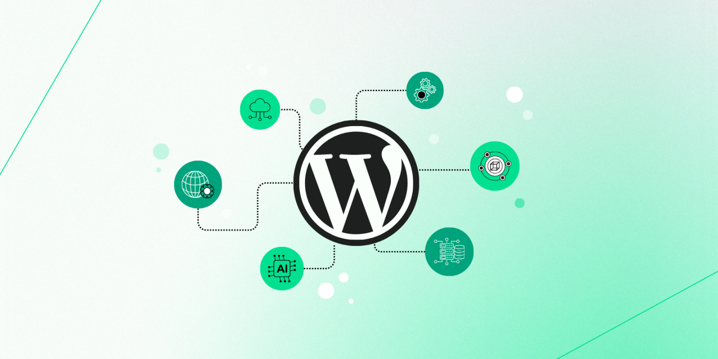 A visual diagram showing the WordPress logo at the centre, connected by dotted lines to six green circular icons representing various technologies: a cloud network, gears, database, globe with settings, AI chip, and circuit board—symbolizing WordPress integrations with cloud, automation, data, global web, artificial intelligence, and system architecture.