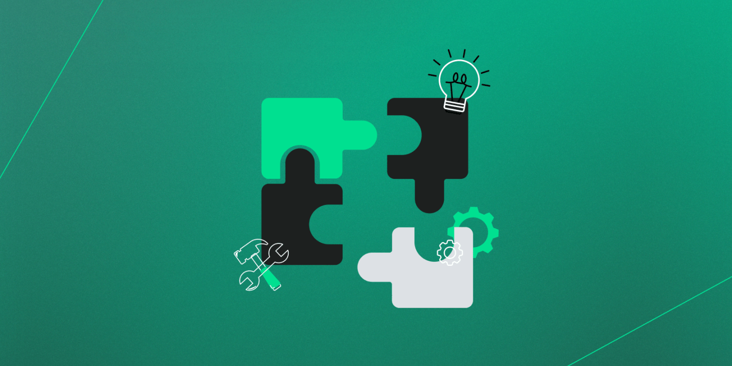 Four interlocking puzzle pieces in green, black, and white on a green gradient background. Each puzzle piece includes a small icon: a lightbulb symbolizing ideas, a gear for automation, crossed tools for building or fixing, and another gear for integration. The image conveys themes of problem-solving, innovation, and system integration.