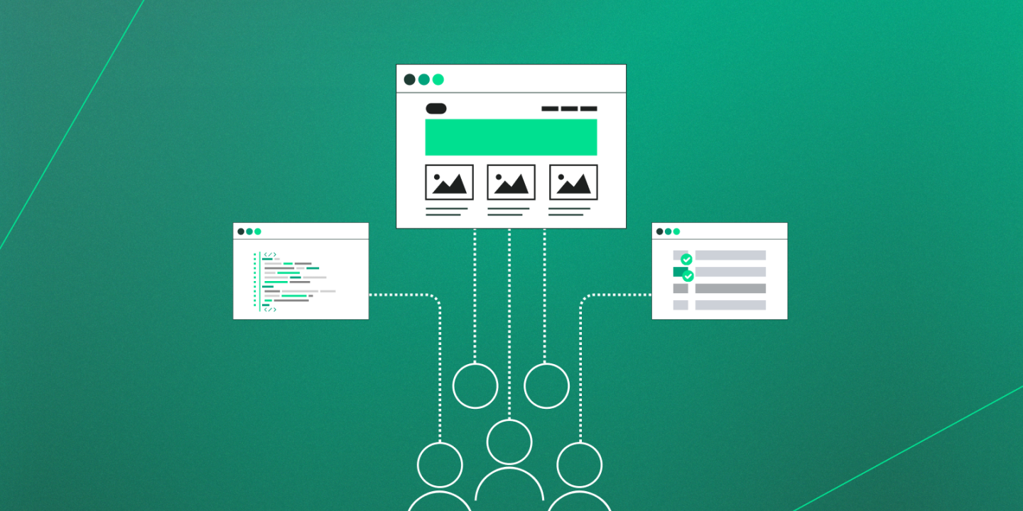 Illustration of a website interface at the top center connected by dotted lines to a code editor on the left and a checklist interface on the right. Multiple circular nodes link the three components, representing a visual concept of web development, content management, and system architecture integration.