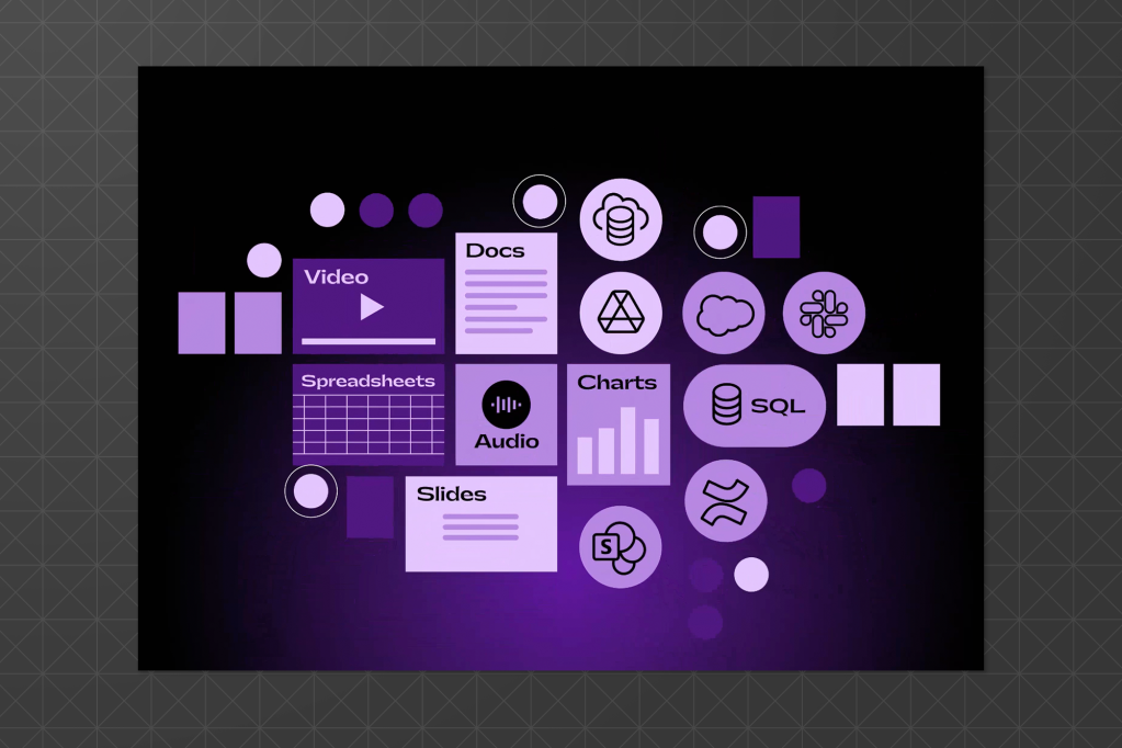 Graphic representation of digital tools on a purple background, including icons and labels for video, spreadsheets, docs, audio, slides, charts, SQL databases, and integrations with platforms like Slack and cloud services.