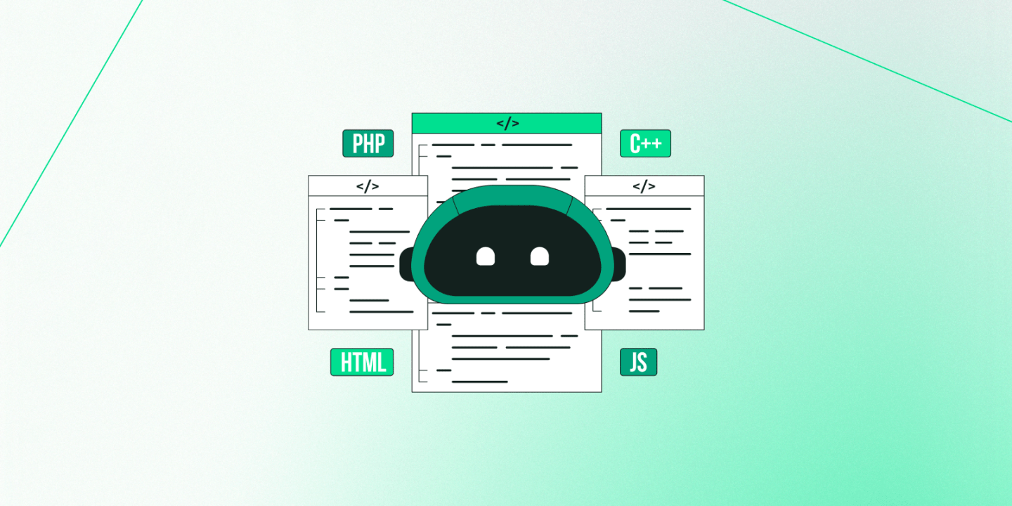 Illustration of a robot head surrounded by code documents labeled with programming languages including PHP, C++, HTML, and JS, symbolizing AI-assisted coding across multiple languages.