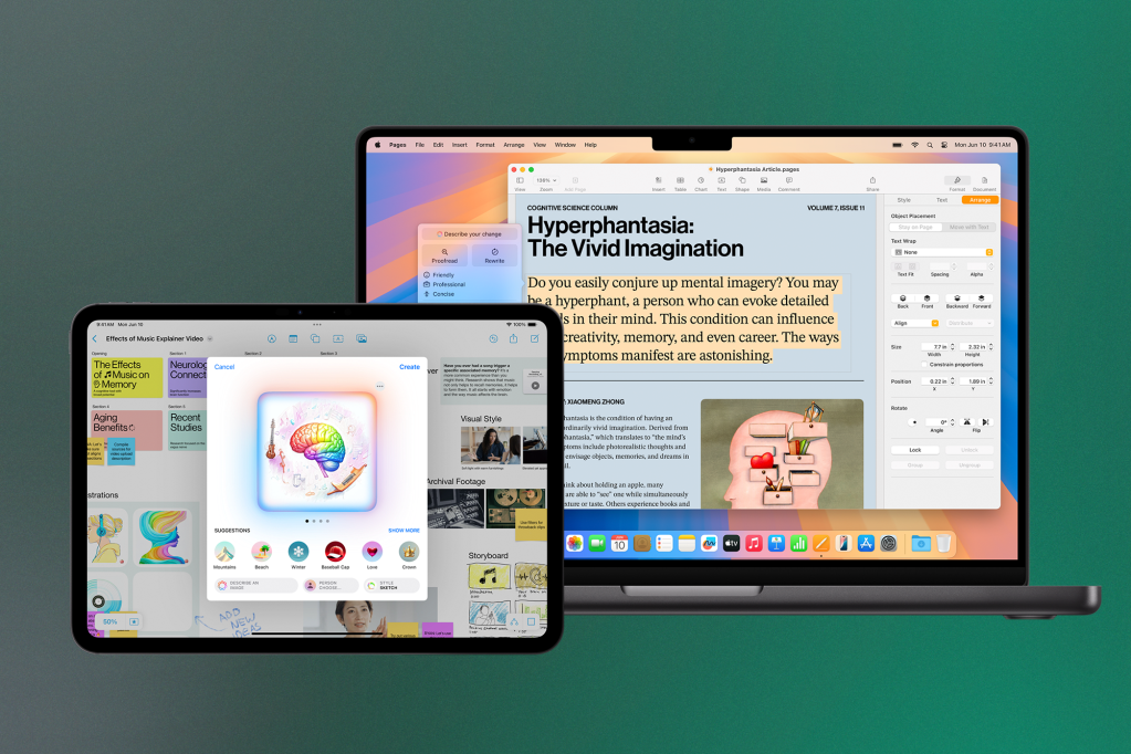 A MacBook and iPad display Apple’s Pages and an educational interface about the effects of music on the brain. The iPad shows an AI-generated illustration of a brain surrounded by musical instruments, while the MacBook screen features a Pages document titled “Hyperphantasia: The Vivid Imagination” with highlighted text and formatting tools.