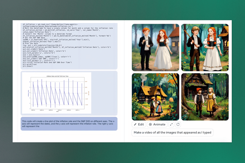 A split screen displays Python code on the left, used to plot inflation data against the S&P 500, with a chart below it. On the right, a series of AI-generated images shows fairy tale characters in a forest setting, accompanied by the prompt “Make a video of all the images that appeared as I typed.”