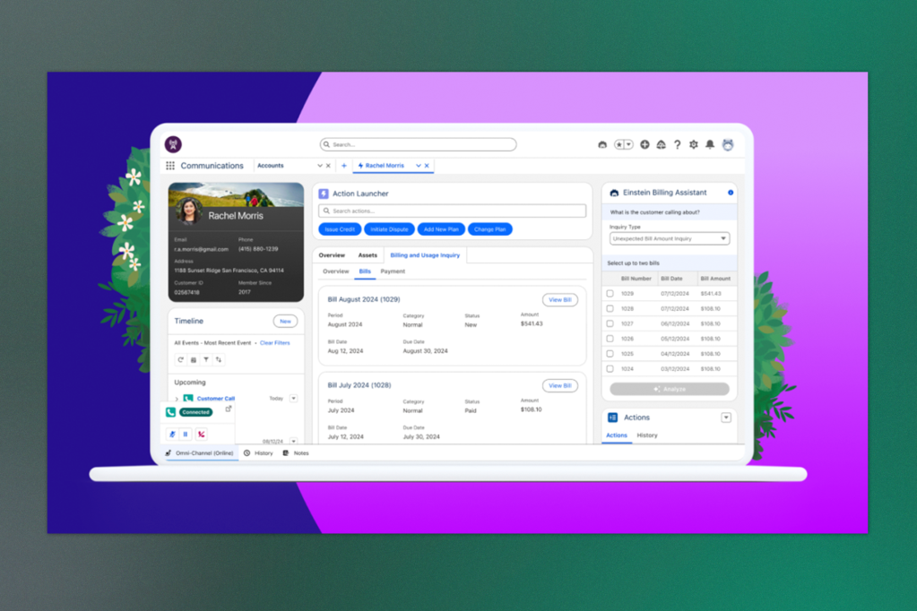 A customer service dashboard shows a profile for Rachel Morris with account details, billing history, and communication tools. A side panel includes an “Einstein Billing Assistant” with filters for bill inquiries and analysis options, all on a clean interface with decorative floral accents.
