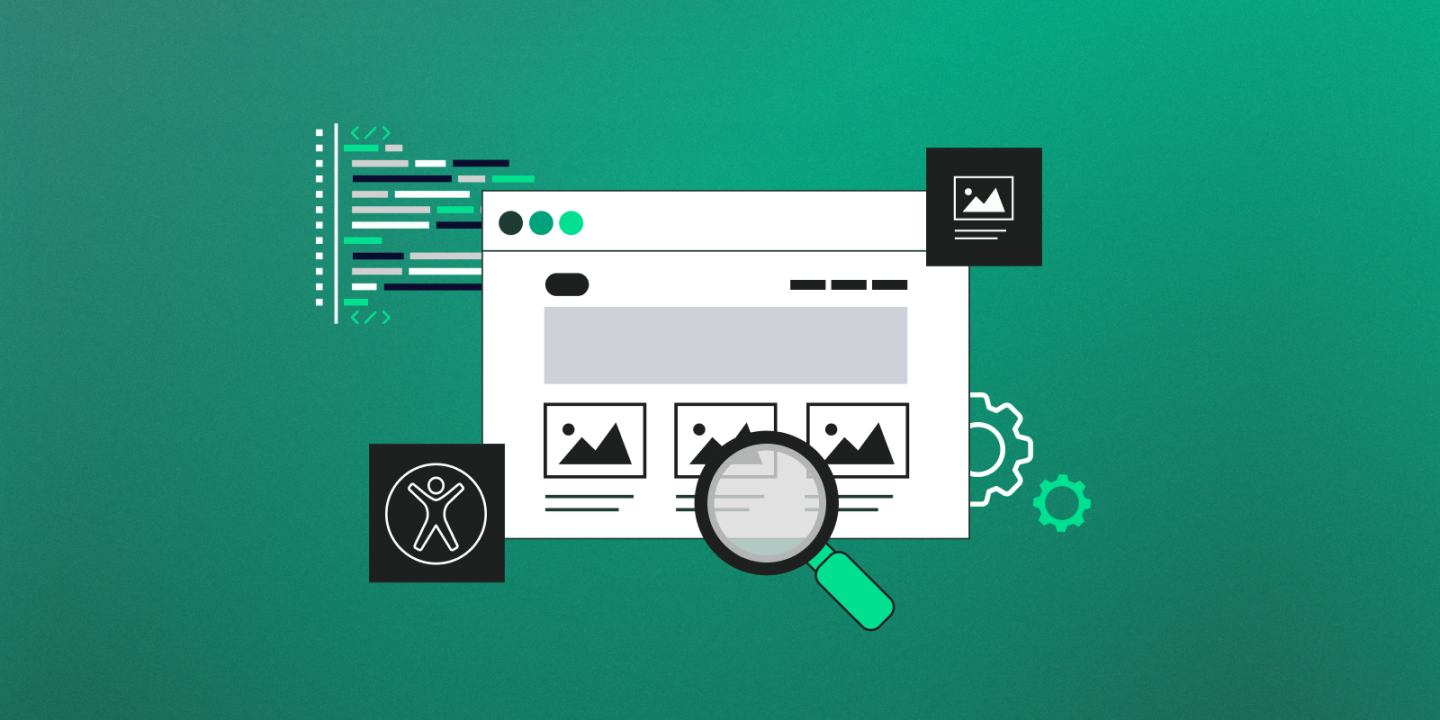 Illustration of a stylized web browser window with image thumbnails and a magnifying glass hovering over the content. Around the browser are icons representing code, accessibility (a person in a circle), image metadata, and gears for settings or automation. The background features a green gradient, suggesting themes of website development, accessibility, and optimization.