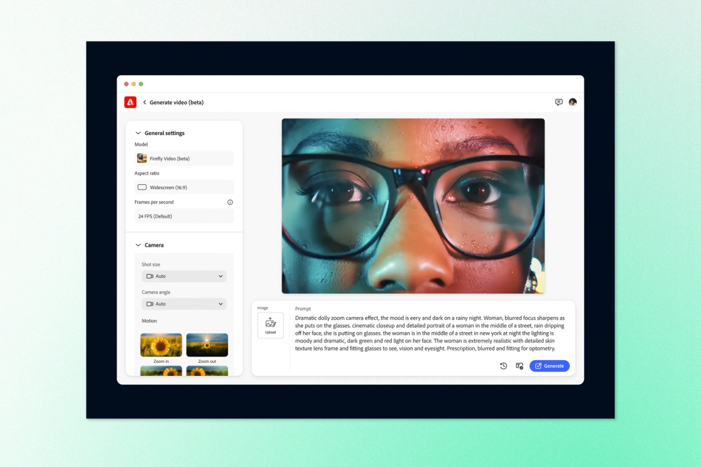 An interface from Adobe Firefly Video (beta) shows a cinematic close-up of a woman’s eyes behind glasses, generated from a descriptive prompt. The panel on the left offers customization settings for frame rate, aspect ratio, and camera motion like zoom and pan options.
