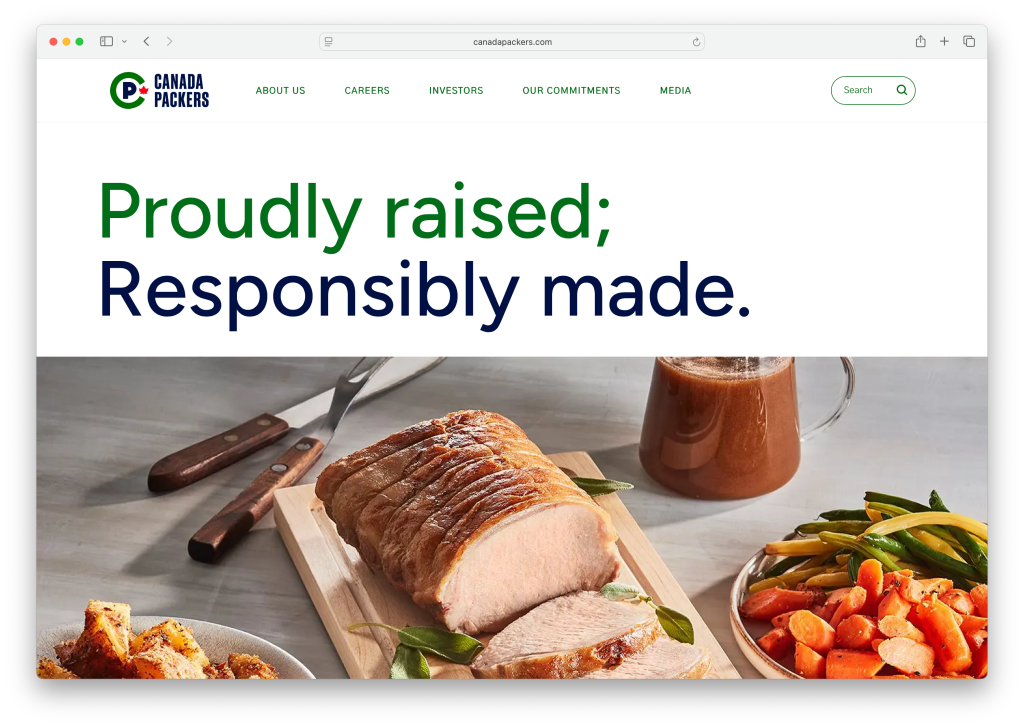 Canada Packers homepage showing roast pork with vegetables and the text “Proudly raised; Responsibly made.”