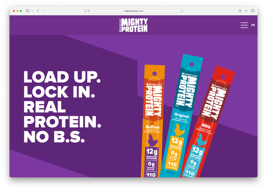 Mighty Protein homepage with chicken snack sticks and the text “Load up. Lock in. Real protein. No B.S.”