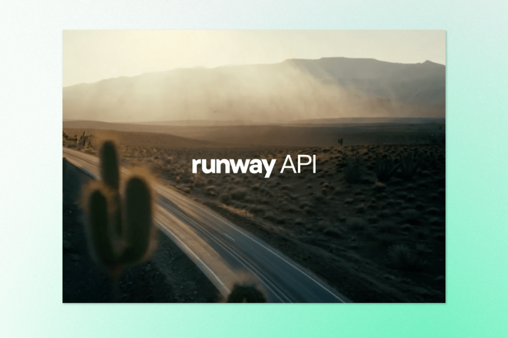 A cinematic frame featuring a desert landscape with a road, mountains, and cacti is overlaid with the text “runway API” in white, suggesting integration with generative video tools.