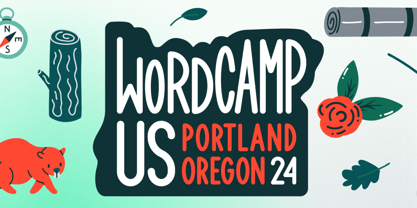 Illustrated graphic for WordCamp US 2024 in Portland, Oregon. The central text reads "WordCamp US Portland Oregon 24" in bold, playful lettering. Surrounding the text are various camping and outdoor-themed illustrations, including a beanie, compass, log, camera, leaf, bear, rose, campfire, flashlight, boots, and marshmallow on a stick, all in a red, green, and grey colour palette on a light gradient background.