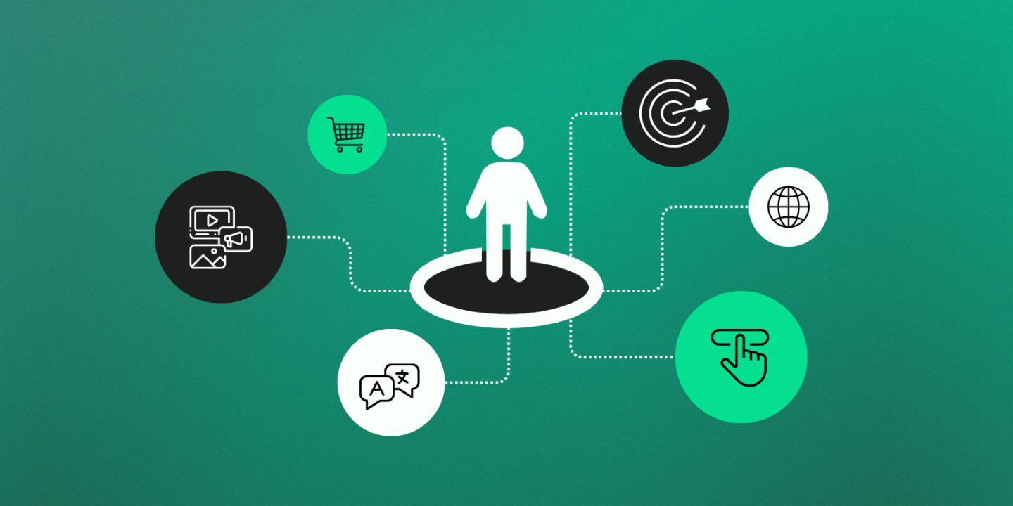 Illustration of a person icon in the center connected by dotted lines to various icons representing digital services, including media, e-commerce, language translation, touch interaction, global access, and targeting.