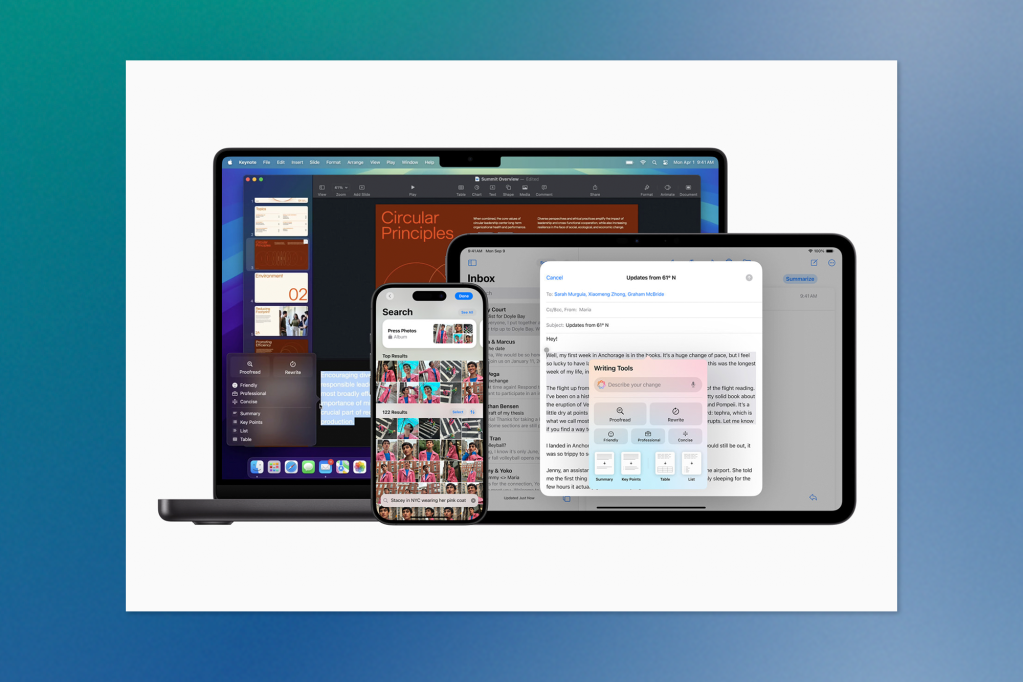 Display of a MacBook, iPhone, and iPad showing various productivity tools like writing assistants, image search, and email with suggestions for tone and formatting.
