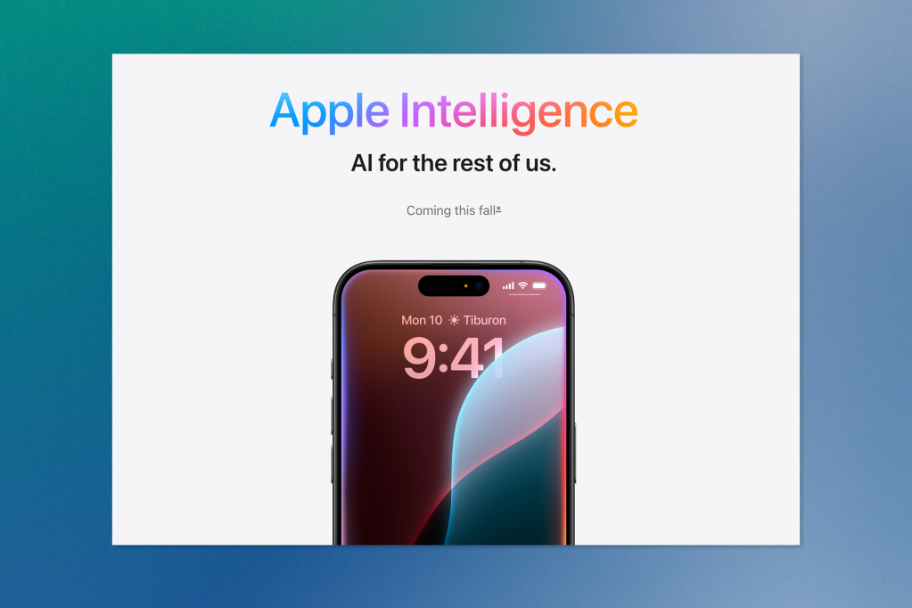 An Apple promotional graphic displays the phrase “Apple Intelligence” in a colourful gradient font, with the tagline “AI for the rest of us.” Below, an iPhone screen shows the time as 9:41 AM and a location indicator for Tiburon, with a note that the feature is “Coming this fall.”