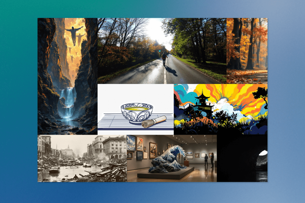 A visually rich collage combines various artistic and cultural visuals, including a fantasy-style waterfall, a cyclist on a country road, autumn forest paths, a traditional tea bowl illustration, an abstract Asian temple scene, a historical black-and-white disaster photo, a museum exhibit, and a shadowy cave opening.