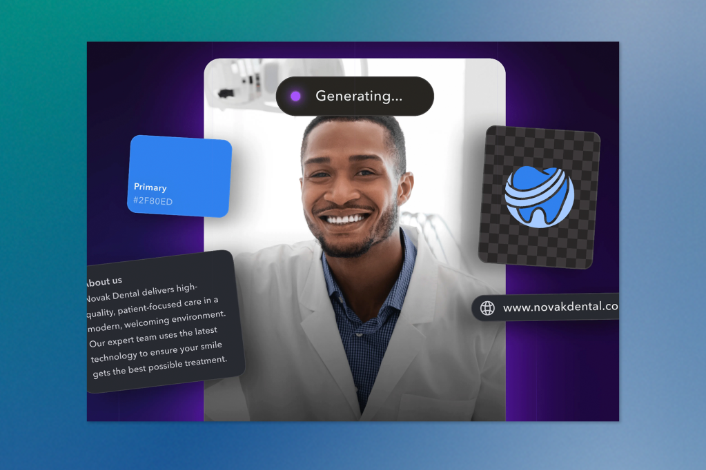 A web interface generates branding materials for Novak Dental, featuring a smiling dentist, color swatches, logo design, website URL, and a short "About us" paragraph. The layout has a modern dark purple theme with floating interface elements marked “Generating…”